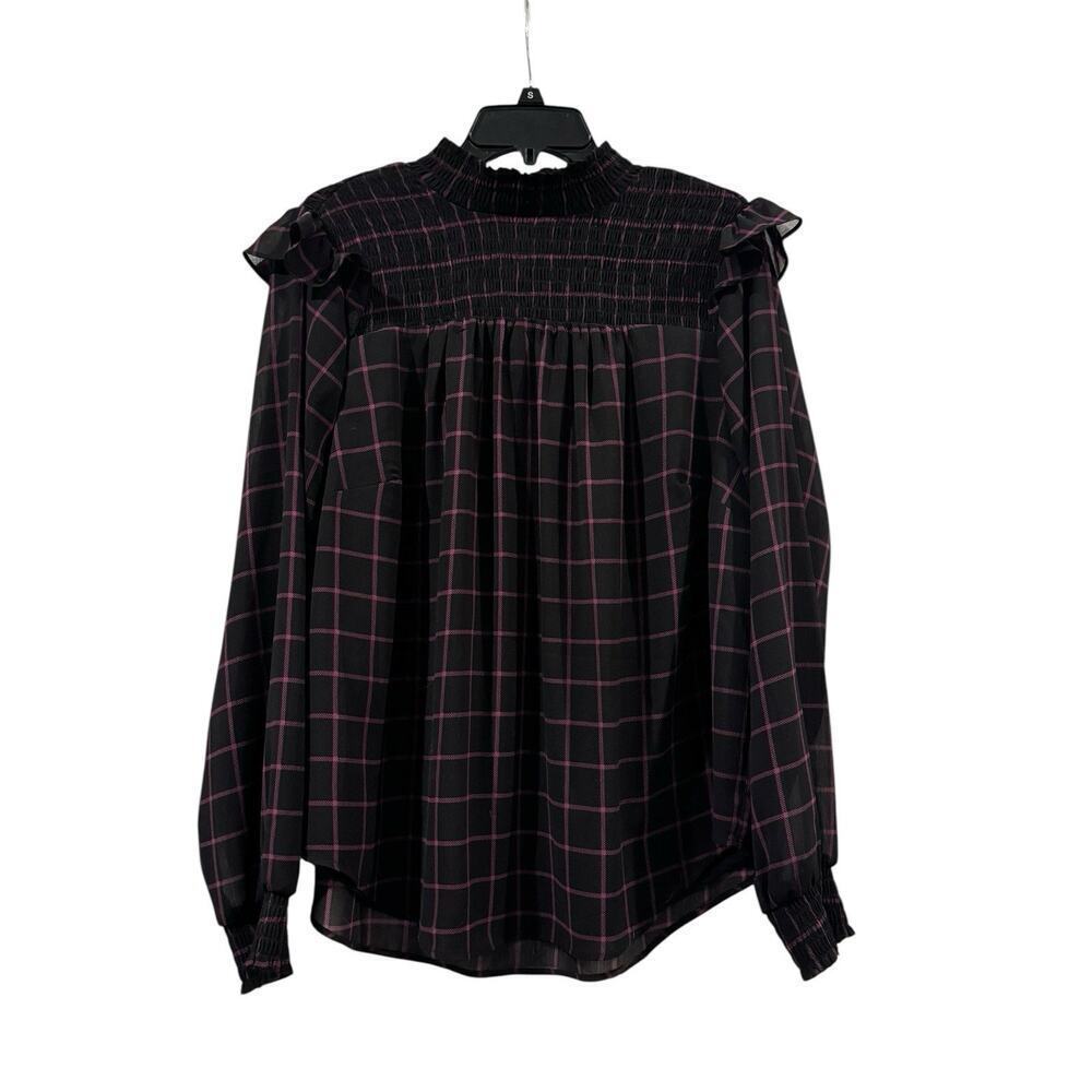 Torrid Chiffon Smock Neck Plaid Blouse Women’s Long Sleeve Purple Black: Size 1
